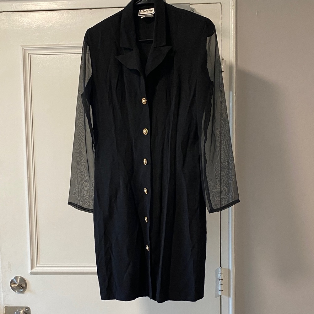 Black Collared, Button-Up Dress With Sheer Sleeves